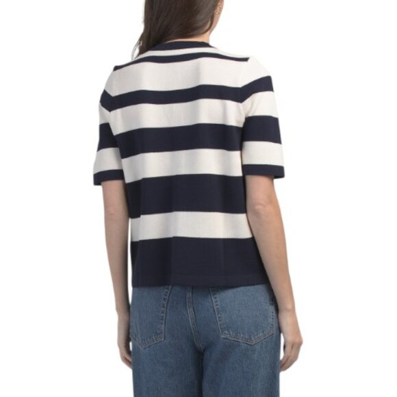 ANNE KLEIN Short Sleeve Striped Crew Neck Cardigan - Picture 2 of 3